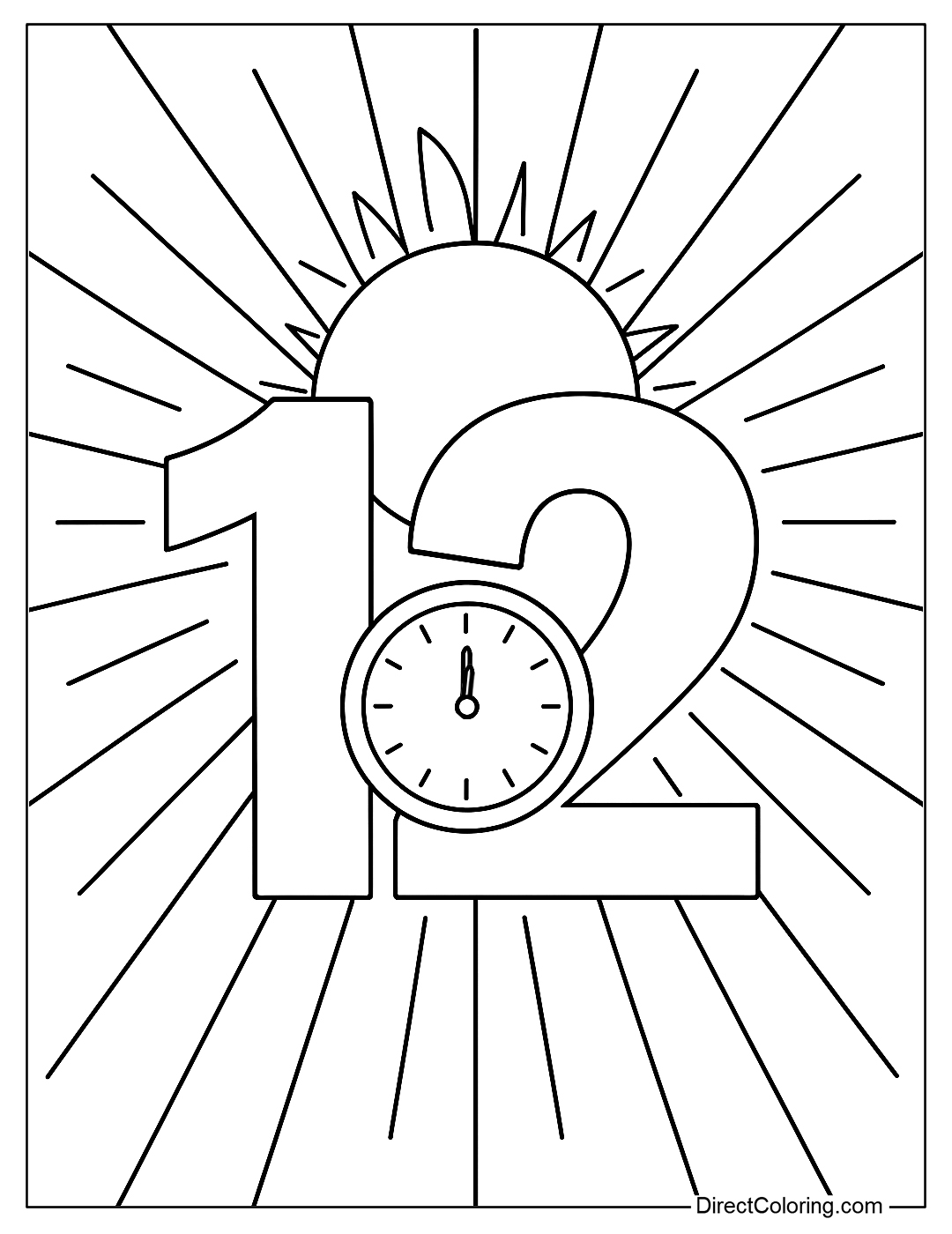 Coloring page number 12 with a clock showing 12 o'clock, surrounded by the sun and rays